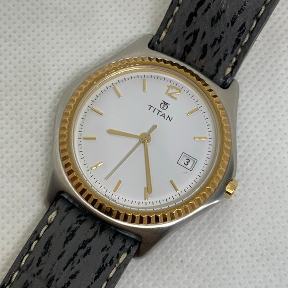 Titan men date silver gold tone wrist watch 36mm round shark leather running - Picture 2 of 8